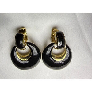 Vintage Black Enamel and Gold Tone Door Knocker Hoop Earrings Clip